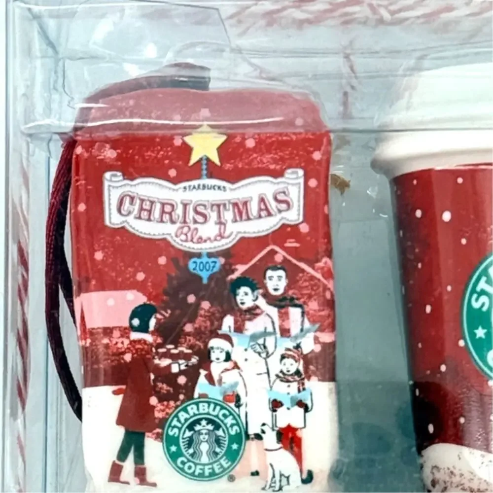 Starbucks 2007 Christmas Blend Coffee Ornament Set Of 2 Red Coffee Cup Boxed